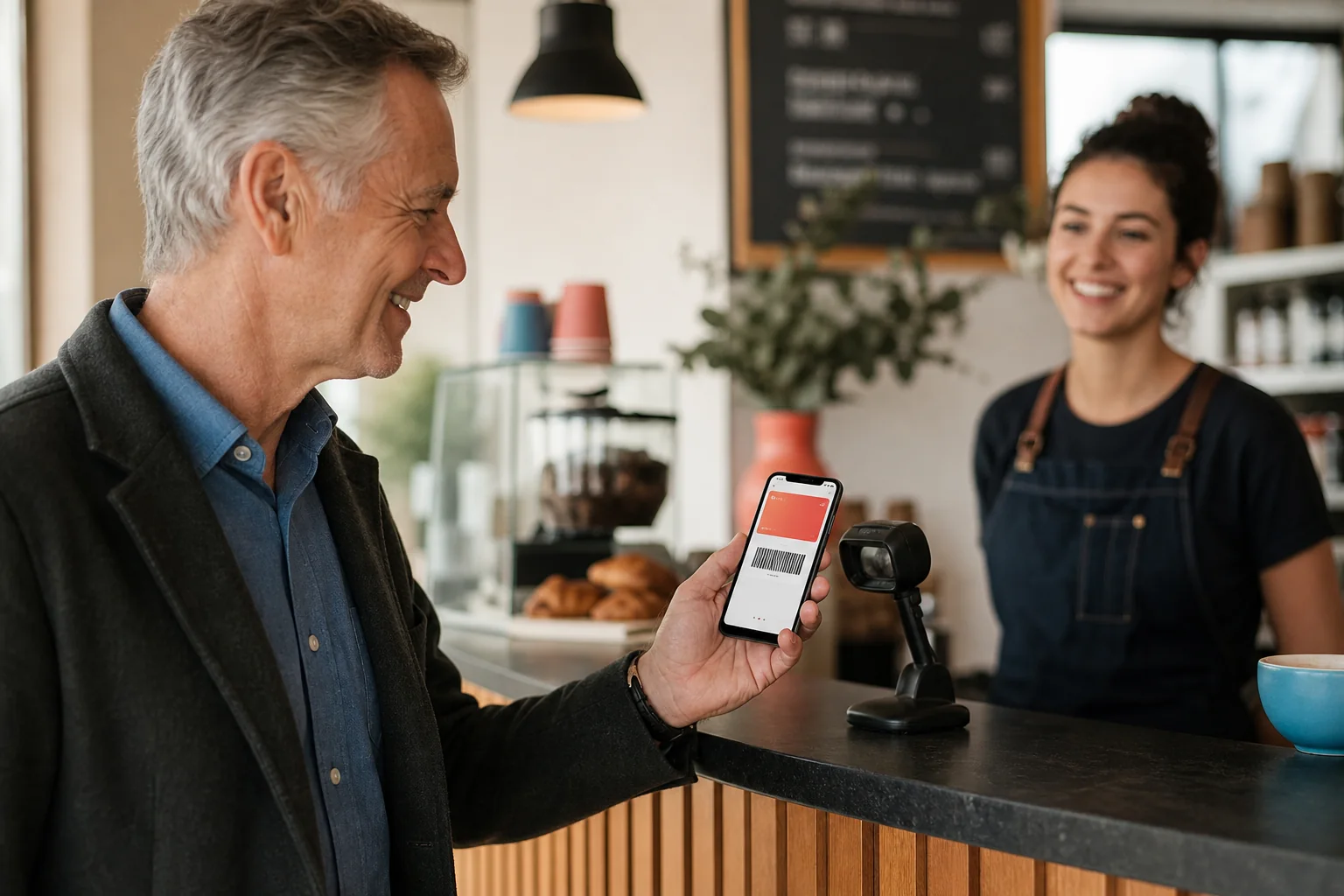 Older customer scanning a loyalty barcode from their phone at a café