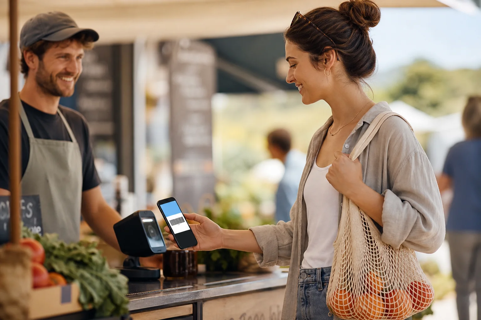 Customer scanning a loyalty barcode from their phone at a weekend market
