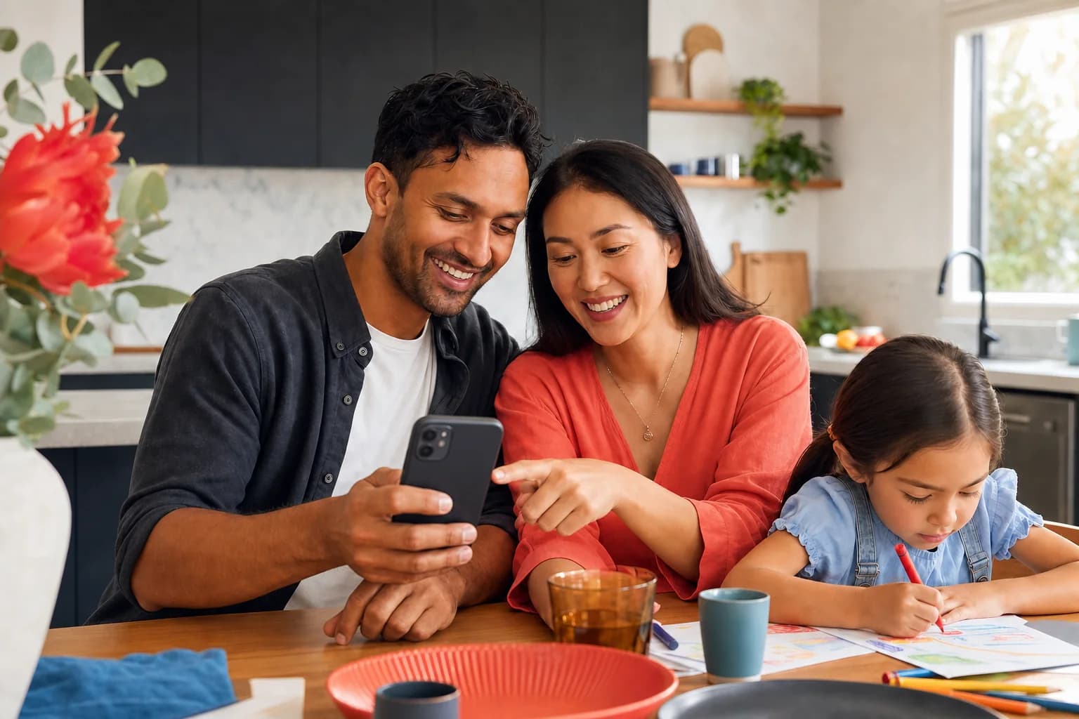 Family sharing a digital loyalty card wallet on a phone at home